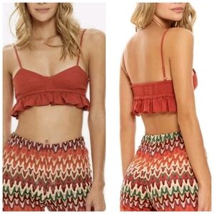 Agua Bendita Womens Small Brick Red Mae Praia Tout Smocked Linen Crop Top